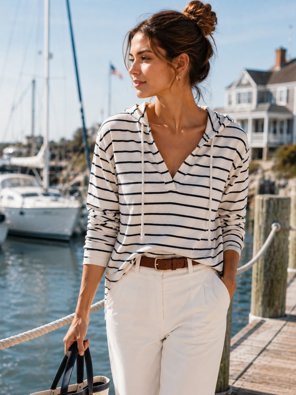 J.Crew Striped Hooded Pullover Top 100% Cotton Navy White Coastal XS